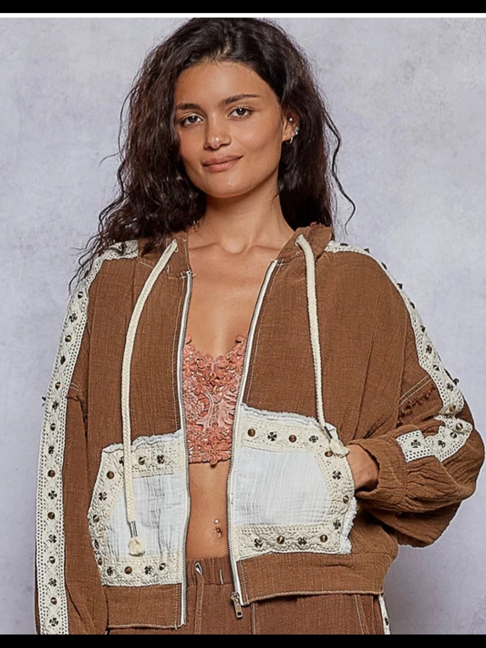 Brown Hooded -Trim Zip Jacket